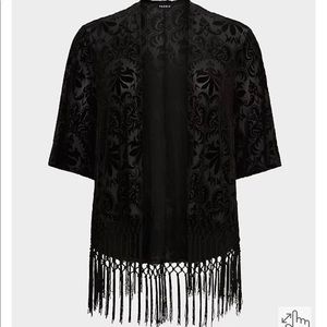 Torrid black velvet fringe kimono
